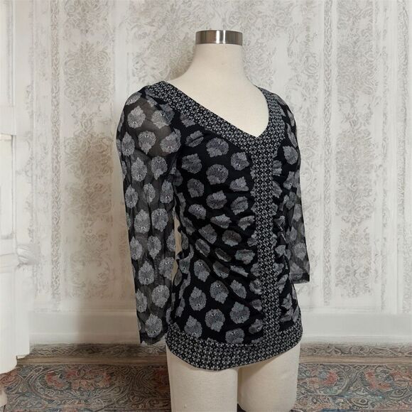 Inc International Concepts Black Paisley Floral Boho Blouse Top Medium - Picture 2 of 6